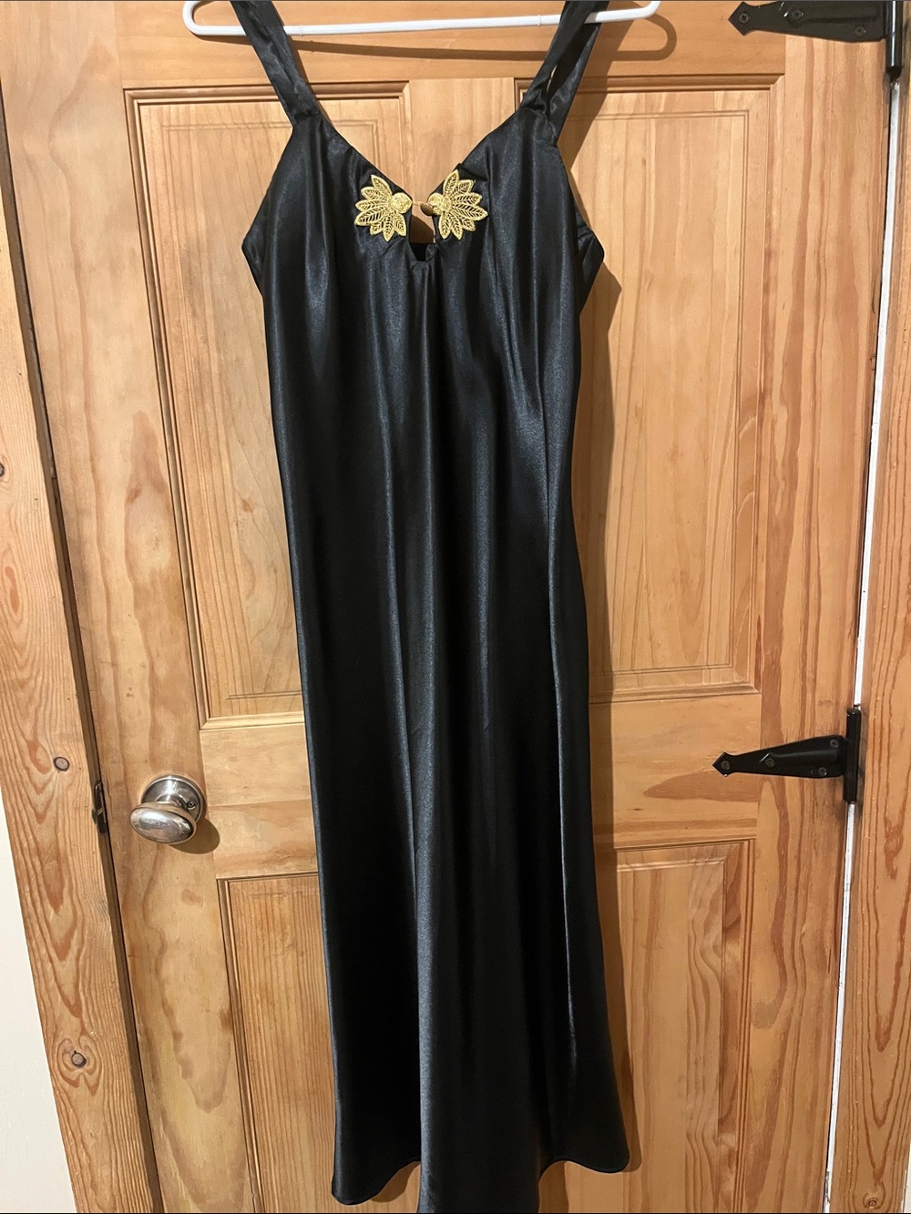 Vintage Black Midi Slip Dress with Gold Floral Accent